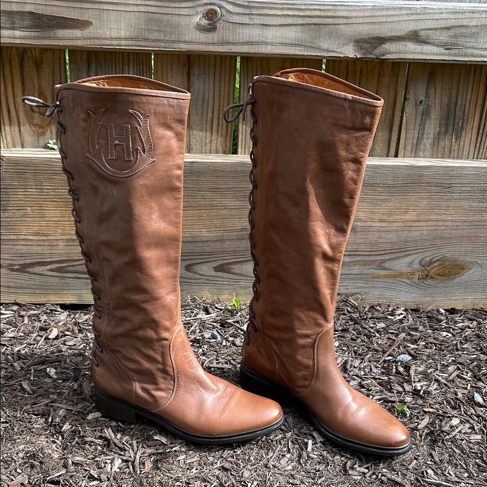 Hunter Monogram Brown Leather Lace Up Equestrian Riding Boots 9.5